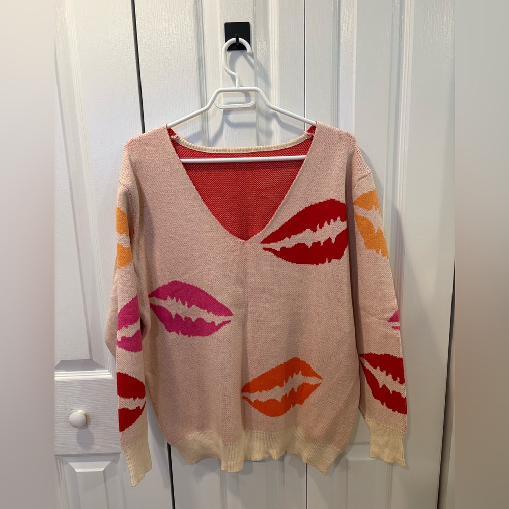 Vibrant Lip Print V-Neck Sweater